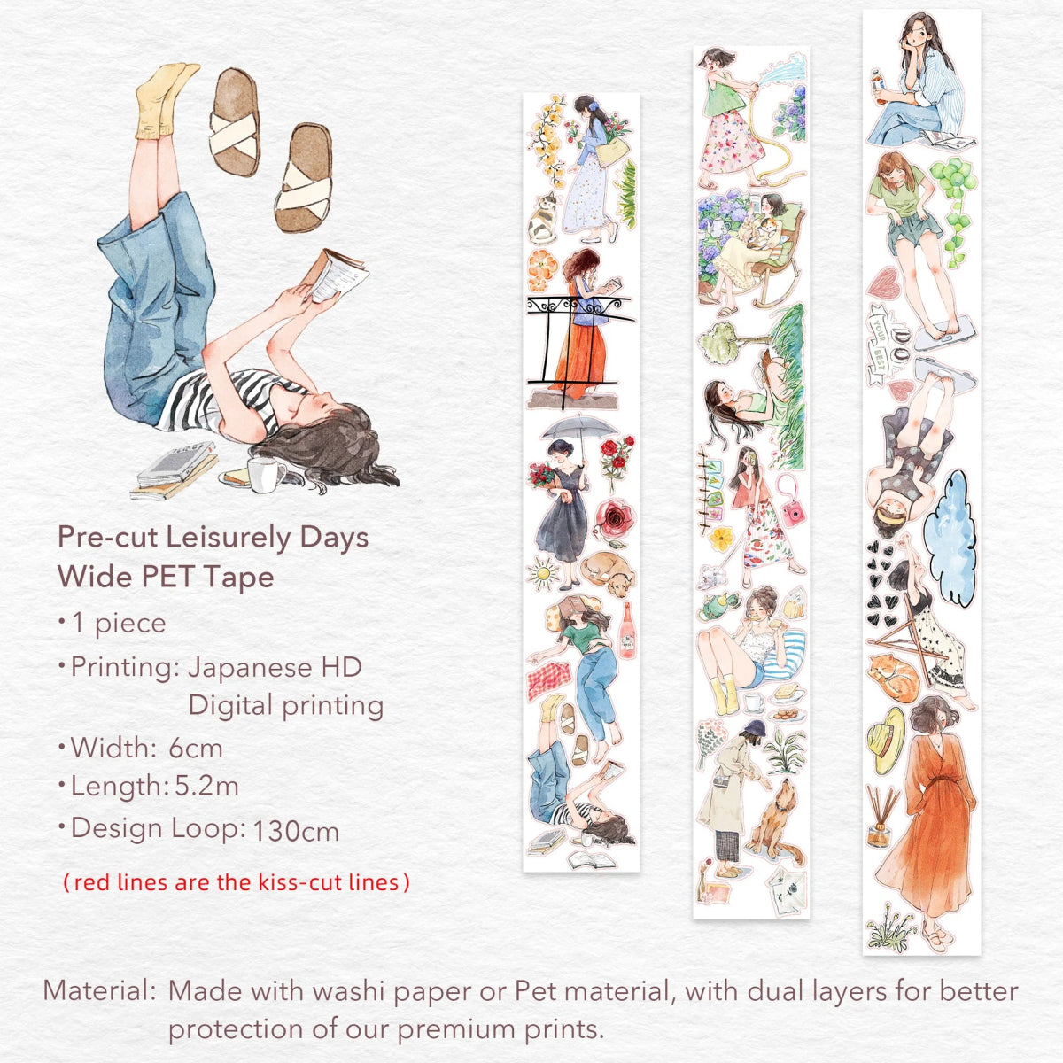 Sticker Pet Tape - Pre - cut - Leisurely Days - 60 mm - 6 - Washi Tape Shop - Tidformera