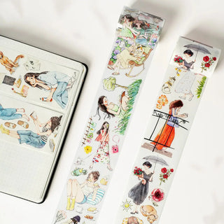 2 utrullade tejprullar med kvinnor i olika fritidsaktiviteterSticker. Pet Tape Pre-cut Leisurely Days The Washi Tape Shop