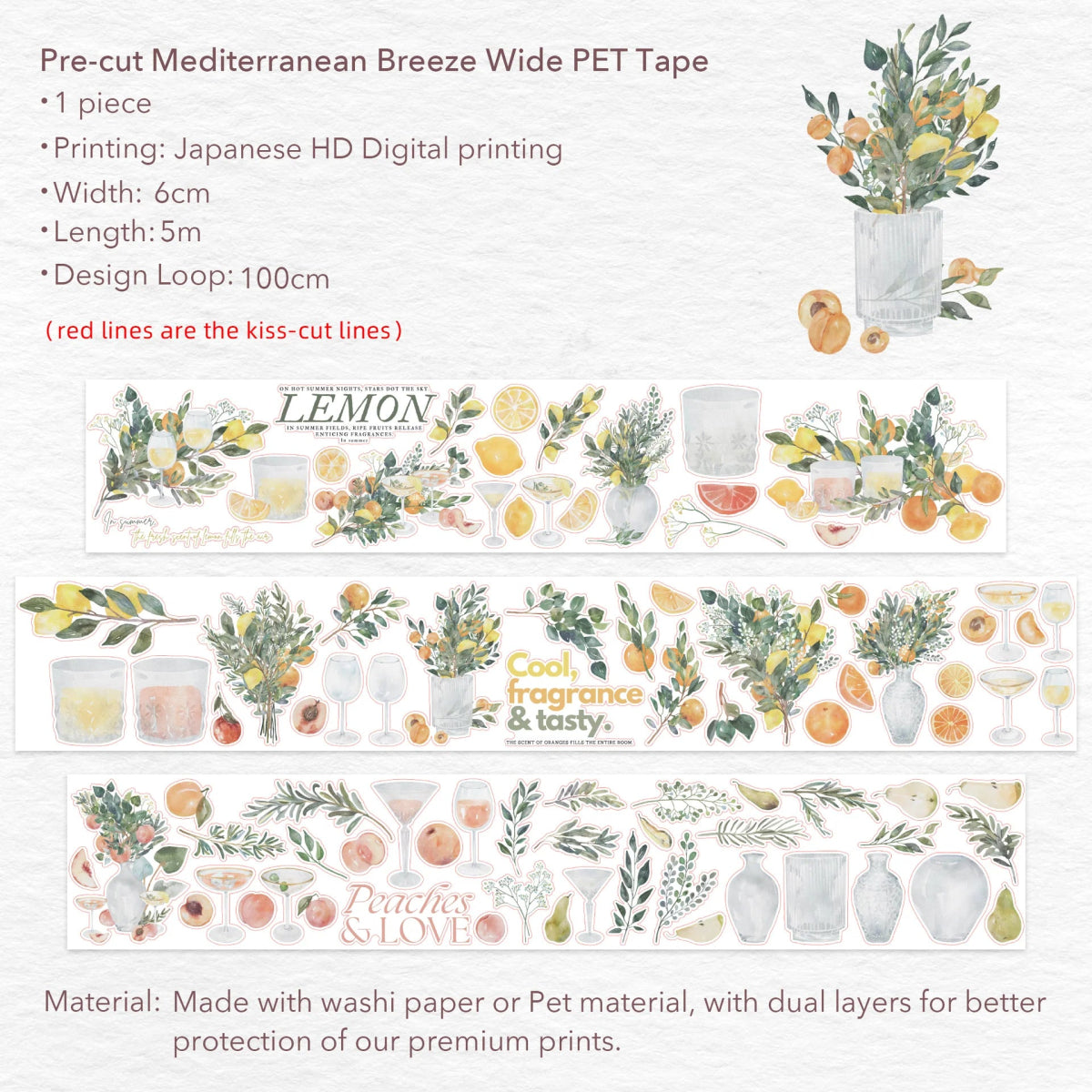 Sticker Pet Tape - Pre - cut - Mediterranean Breeze - 60 mm - Washi Tape Shop - Tidformera