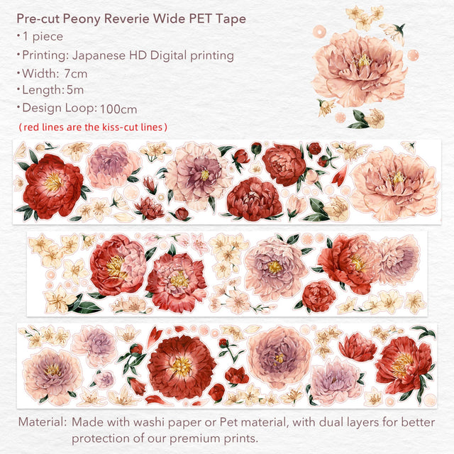 Klistermärken på rulle med motiv med pioner. Sticker Pet Tape Pre cut Peony Reverie från Washi Tape Shop - Tidformera