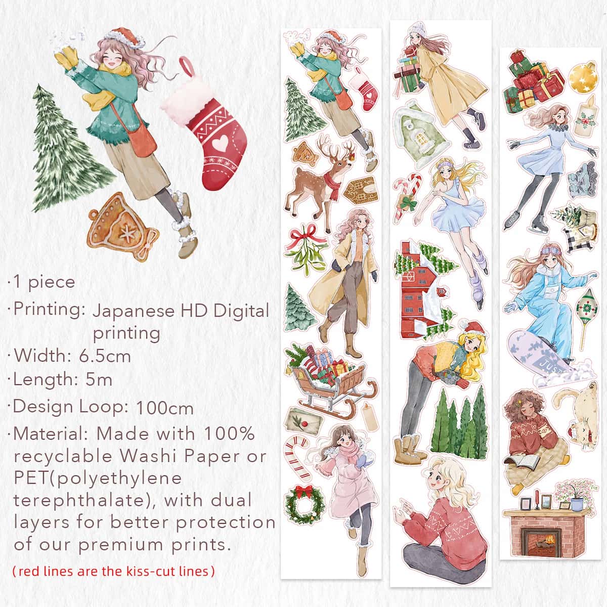 Sticker Pet Tape - Pre - cut - Snowy Strolls - 65 mm - 6 - Washi Tape Shop - Tidformera