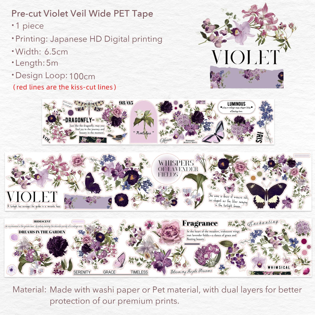 Sticker Pet Tape - Pre - cut - Violet Veil - 65 mm - 10 - Washi Tape Shop - Tidformera