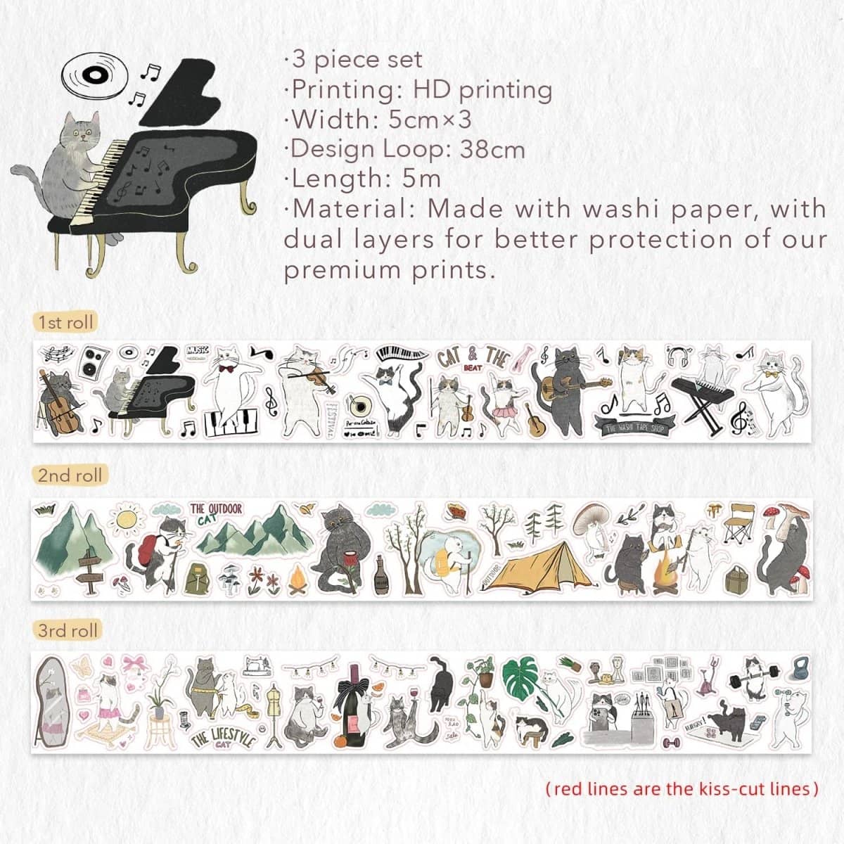 Sticker Set Washi Tape - Neko - 3 - pack - 10 - Washi Tape Shop - Tidformera