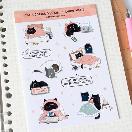 Sticker Sheet - Mocha Cat - I'm A Social Vegan, I Avoid Meet... - 1 - Moonaries illo - Tidformera