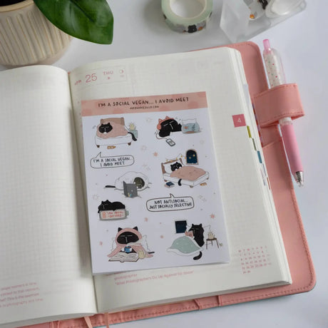 Sticker Sheet - Mocha Cat - I'm A Social Vegan, I Avoid Meet... - 2 - Moonaries illo - Tidformera