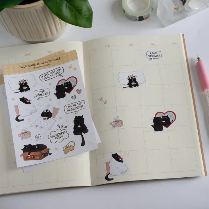 Sticker Sheet - Mocha Cat - Self Care Is Health Care - 3 - Moonaries illo - Tidformera
