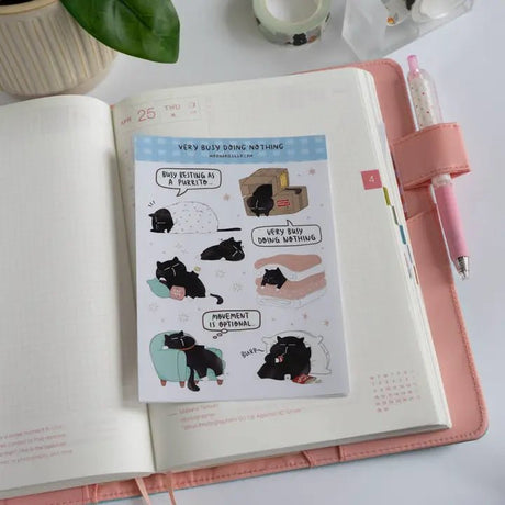 Sticker Sheet - Mocha Cat - Very Busy Doing Nothing - 2 - Moonaries illo - Tidformera
