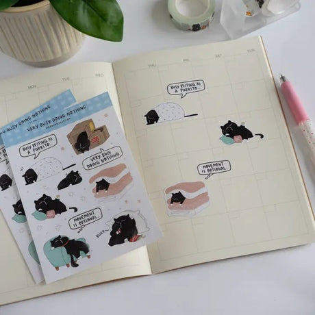 Sticker Sheet - Mocha Cat - Very Busy Doing Nothing - 3 - Moonaries illo - Tidformera
