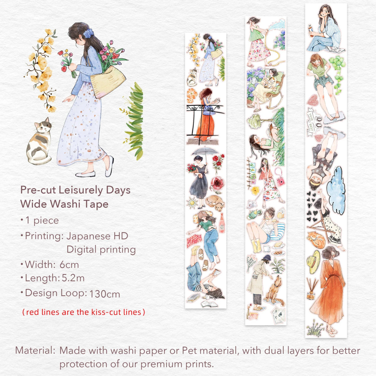 Sticker Washi Tape - Pre - cut - Leisurely Days - 60 mm - 8 - Washi Tape Shop - Tidformera