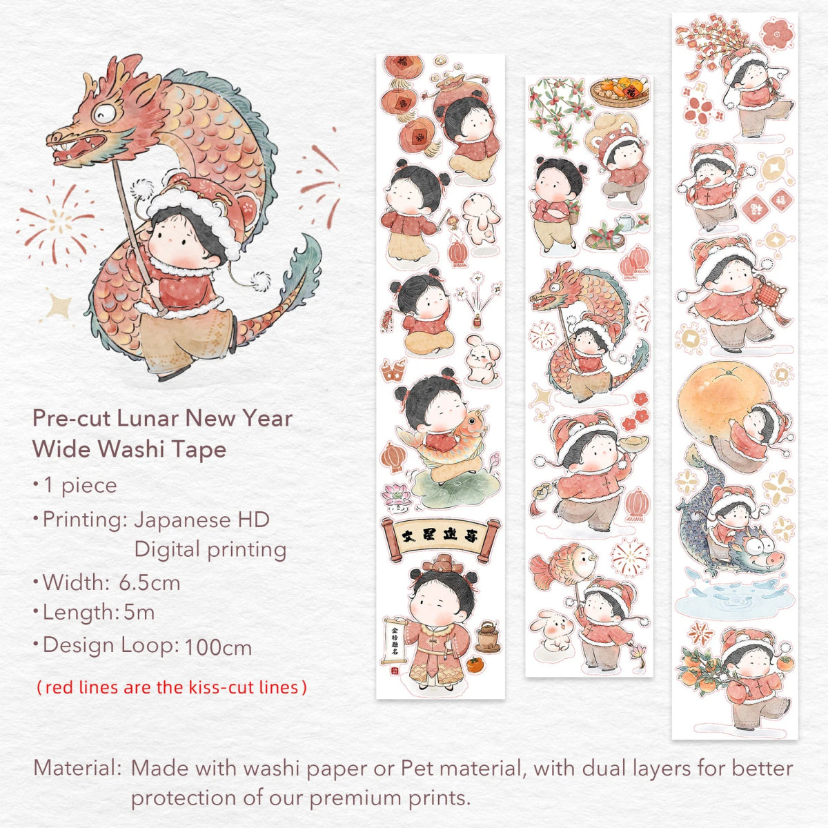 Sticker Washi Tape - Pre - cut - Lunar New Year - 65 mm - 12 - Washi Tape Shop - Tidformera