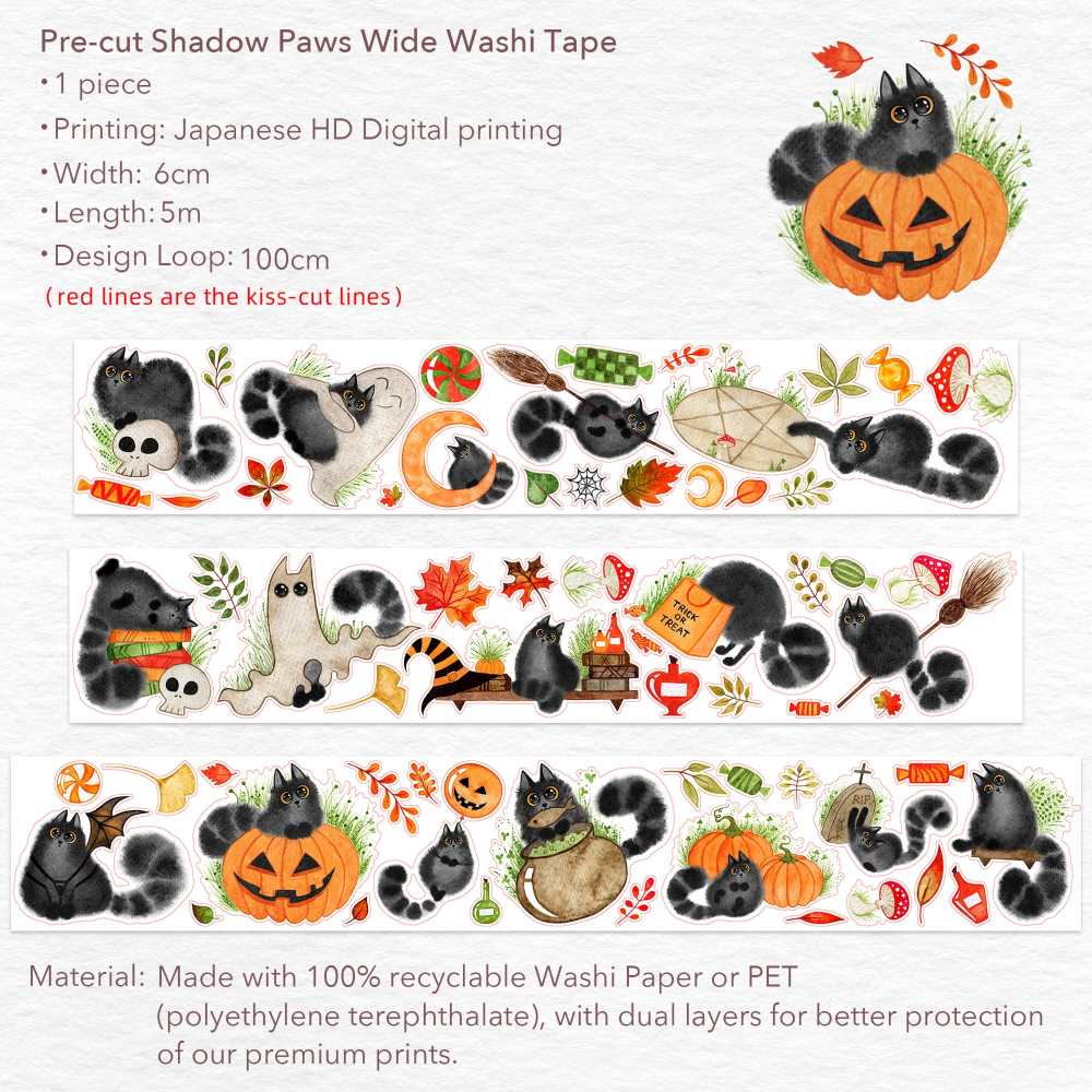 Sticker Washi Tape - Pre - cut - Shadow Paws - 60 mm - 5 - Washi Tape Shop - Tidformera