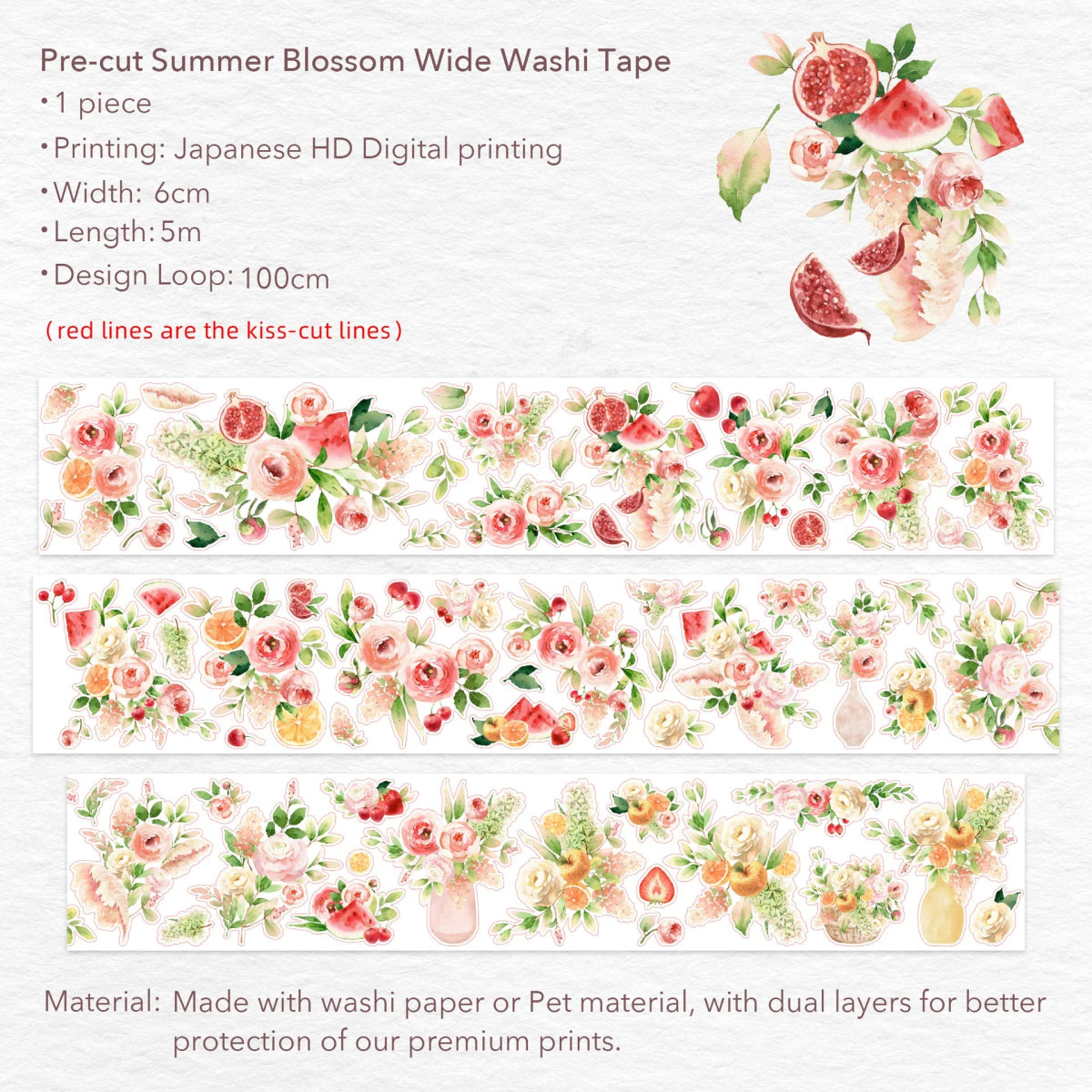 Sticker Washi Tape - Pre - cut - Summer Blossom - 60 mm - 9 - Washi Tape Shop - Tidformera