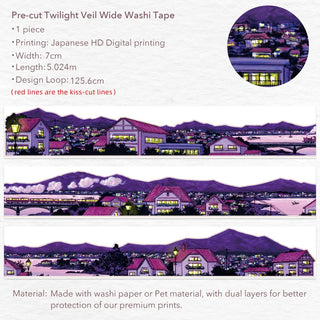 Sticker Washi Tape - Pre - cut - Twilight Veil - 70 mm från Washi Tape Shop. Klistermärken på rulle med stadslandskap i lila och rosa. - Tidformera