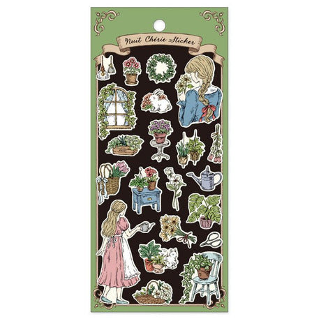 Stickers Nuit Cherie Sticker - Whispers of leaves från Mind Wave. Ark med klistermärken med en flicka på. Fönster, växter, blommor och vattenkanna - Tidformera