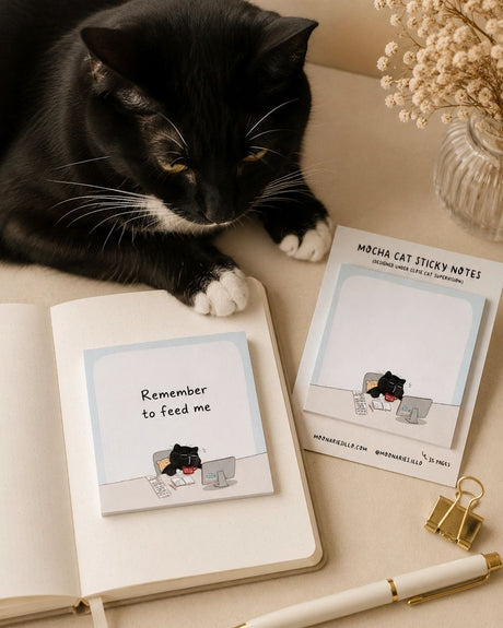 Sticky Notes - Mocha cat - Coworker - 5 - Moonaries illo - Tidformera