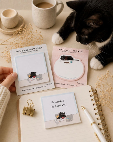 Sticky Notes - Mocha cat - Insert coffee to begin... - 5 - Moonaries illo - Tidformera
