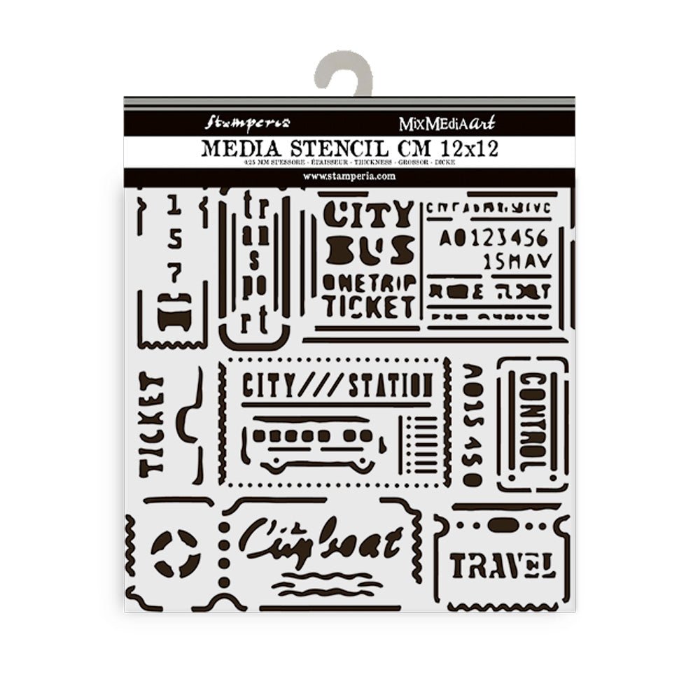 Thick Stencil 12 x 12 cm - Art of Travelling - Tickets - Stamperia - Tidformera