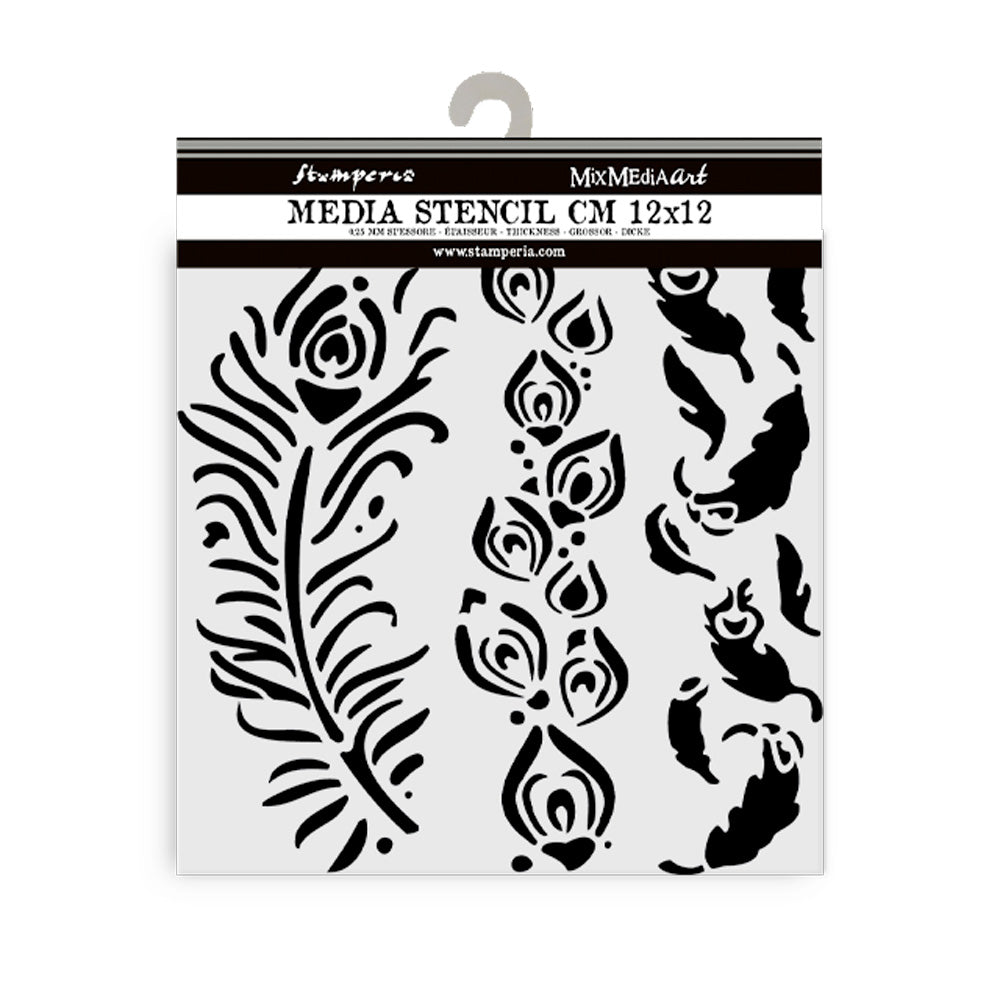 Thick Stencil 12 x 12 cm - Masquerade - Feathers - 2 - Stamperia - Tidformera