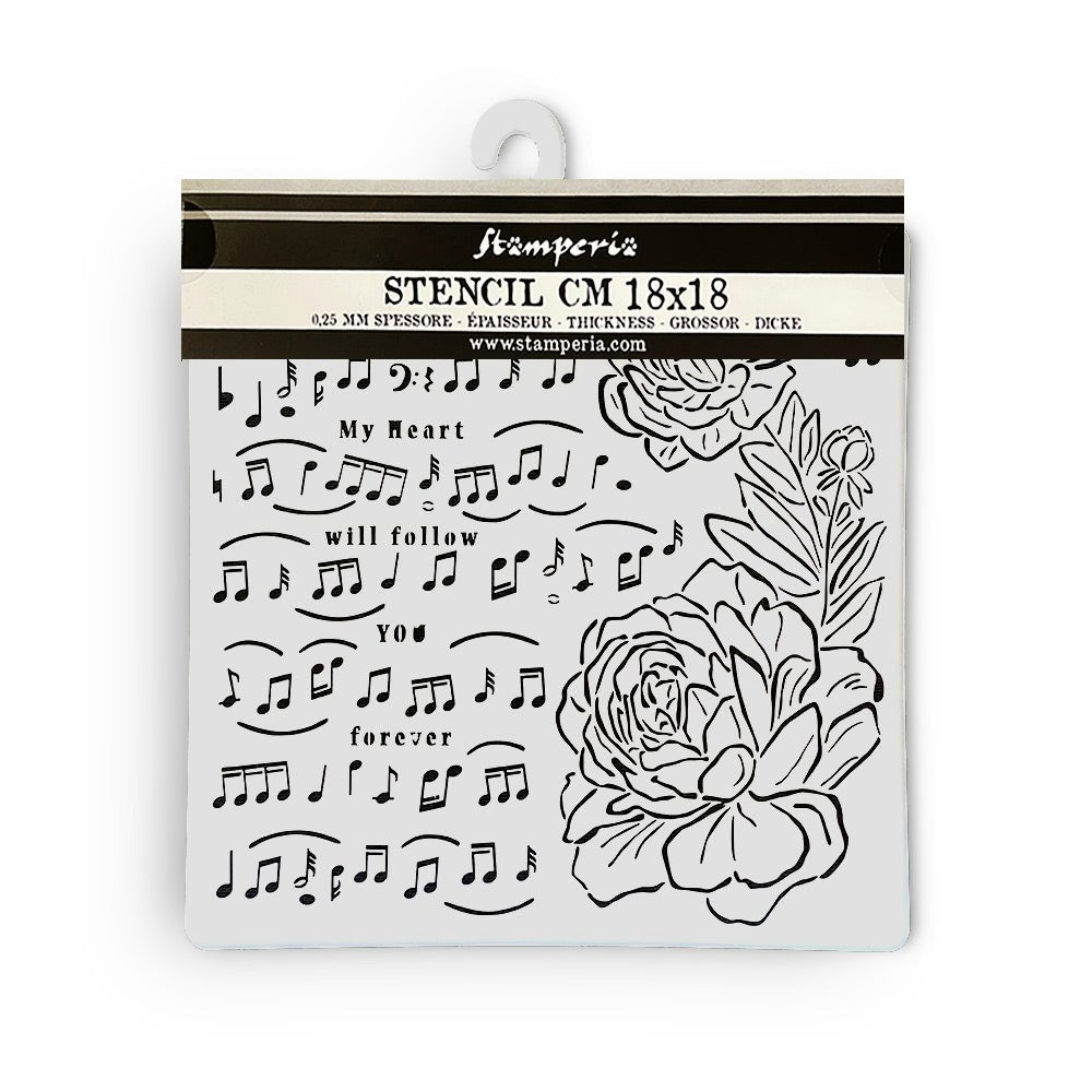 Thick Stencil 18 x 18 cm - Precious - Music and Peony - 2 - Stamperia - Tidformera