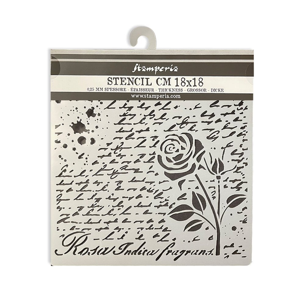 Thick Stencil 18 x 18 cm - Rose Parfum - Manuscript with Rose - Stamperia - Tidformera