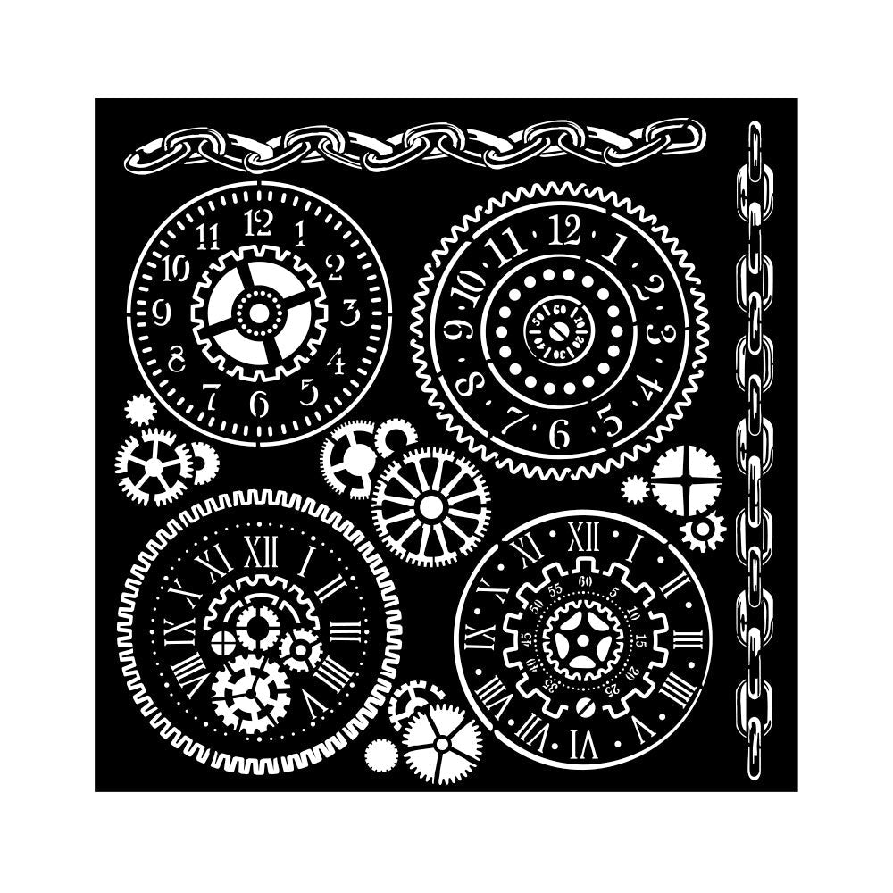 Thick Stencil 18 x 18 cm - Voyages Fantastiques - Gears - Stamperia - Tidformera