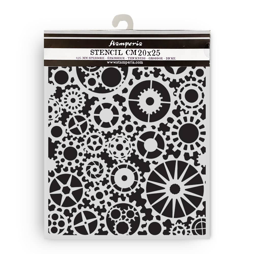 Thick Stencil 20 x 25 cm - Voyages Fantastiques - Gears Pattern - 1 - Stamperia - Tidformera