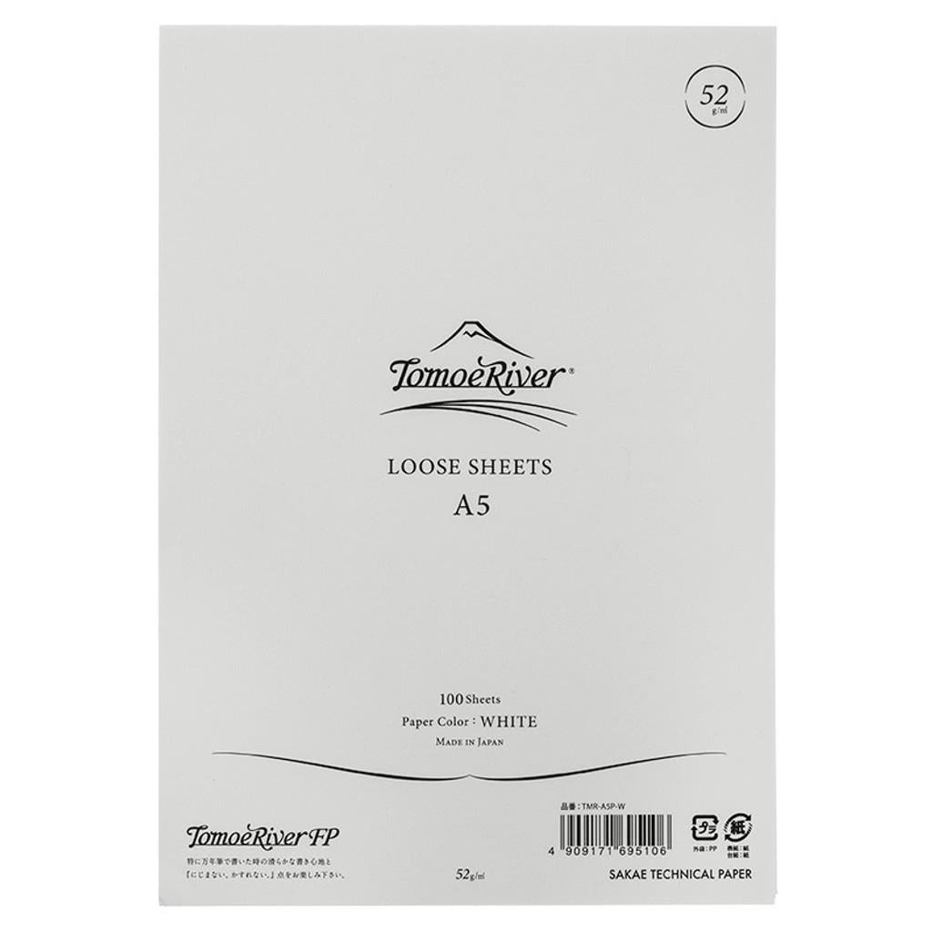 TomoeRiver Loose Sheet Plain - A5 - White från Sakae TP. Förpackning med vita papper. På framsidan av förpackning står TomoeRiver Loose Sheet A5. - Tidformera