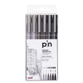 Uni Pin Fineliner 6 - pack Ljusgrå, mörkgrå och svart - 1 - Uni Mitsubishi Pencil - Tidformera