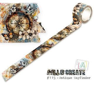 Washi tape #115 Autour de Mwa - Antique Wayfinder -  Dekorationstejp i vintagestil med kompass, blommor och fjärilar från Aall & Create - Tidformera