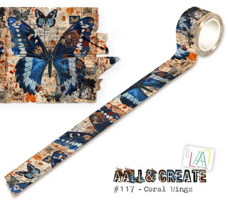 Washi tape #117 Autour de Mwa - Coral Wings -Dekjoraationstejp med blåa fjärilar från Aall & Create - Tidformera