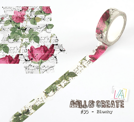 Washi tape #35 Bipasha BK - Blushy - Dekorationstejp med mörkrosa rosor och gröna blad från Aall & Create - Tidformera