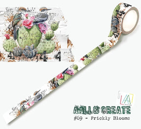 Dekorationstejp som går att bygga ihop en bild med kaktus och fåglar. Washi tape #69 Bipasha BK Prickly Blooms Aall & Create