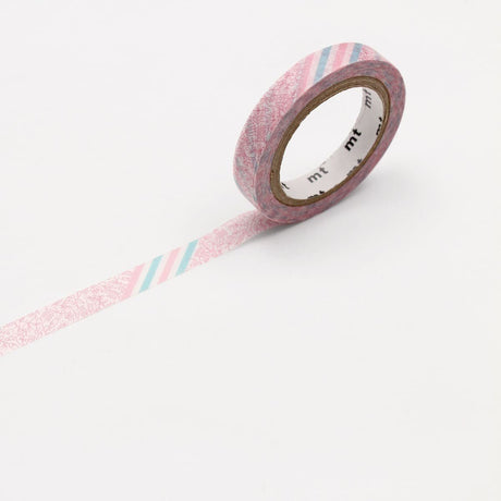 Washi Tape 7 mm - Pink flower stripe från MT masking tape. Rosa smal dekorationstejp med blommor och ränder - Tidformera