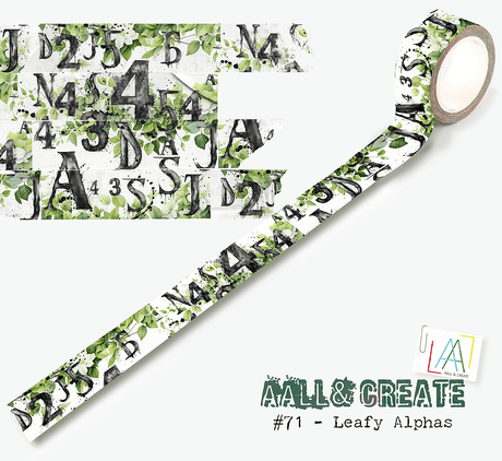 Washi tape #71 Bipasha BK - Leafy Alphas - Dekorationstejp med svarta siffror och bokstäver på grön och vit bakgrund från Aall & Create - Tidformera