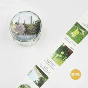 Dekorationstejp med gröna foton.
Washi tape Color city - Green från BGM - Tidformera