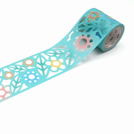 Washi Tape Fab Die Cut - Cutout flower från MT masking tape. En utrullad dekorationstejp. Det är utstansade motiv med blommor och löv. Tejpen är turkos.  - Tidformera