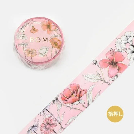 Rosa dekorationstejp, en förpackning och en utrullad som visar motiv. Rosa blommor mot en rosa bakgrund. Washi tape Margin - Red från BGM - Tidformera