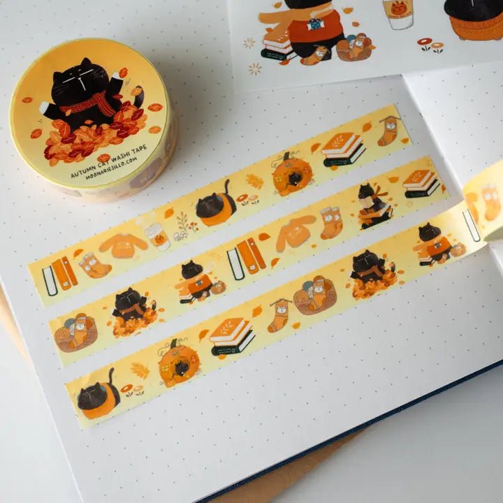 Washi tape Mocha - Cozy Fall Autumn Cat - 2 - Moonaries illo - Tidformera