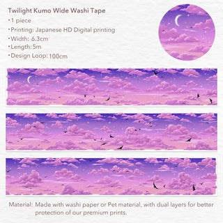 Washi tape Twilight Kumo - 63 mm från Washi Tape Shop. Bred washitejp med kvällshimmel, rosa moln och fåglar. - Tidformera