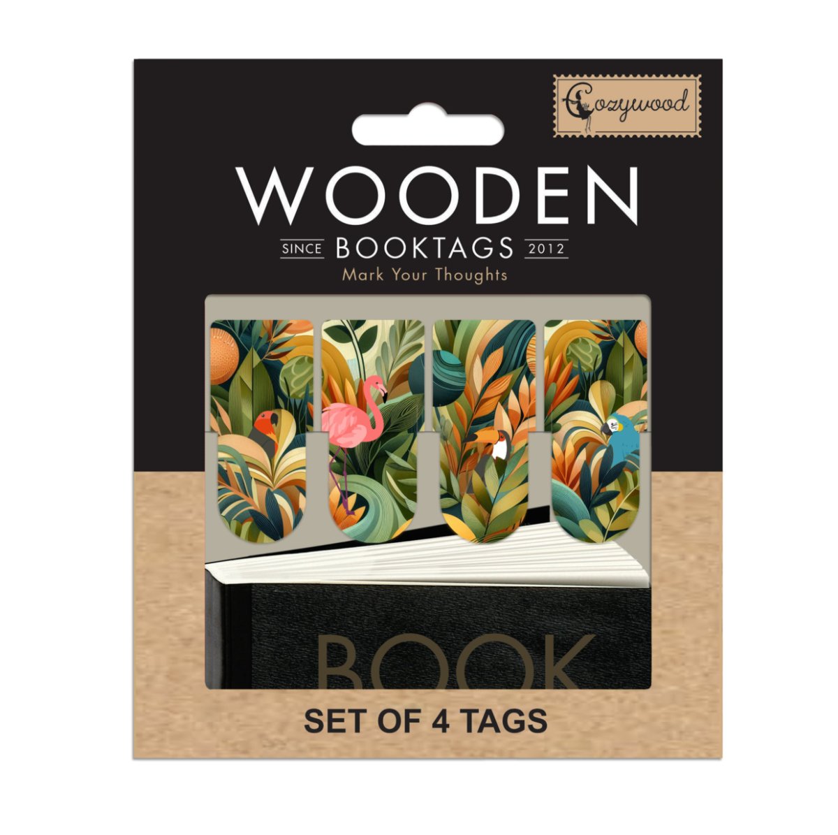 Förpackning med  små bokmärken i trä. Motiv är djungeln. Wooden Booktags - Artdeco från Cozywood - Tidformera