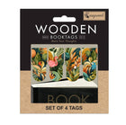 Förpackning med  små bokmärken i trä. Motiv är djungeln. Wooden Booktags - Artdeco från Cozywood - Tidformera