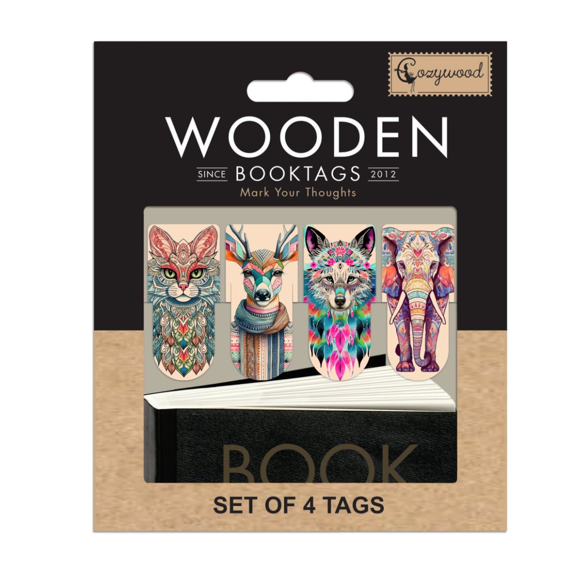 Wooden Booktags - Spirit animals från  Cozywood. Förpackning med 4 stycken bokmärken med en katt, hjort, varg och en elefant. Tidformera